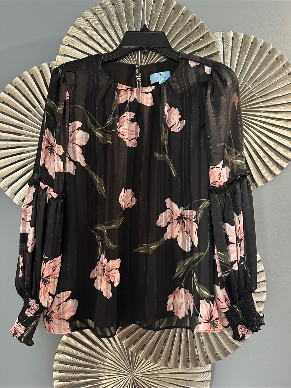 CeCe Black Sheer Blouse with Pink Floral Print